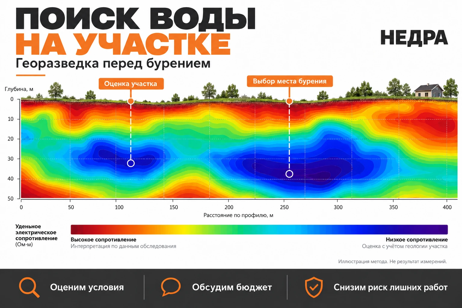 Поясняющая иллюстрация геофизического разреза: поиск воды, оценка условий и бюджета
